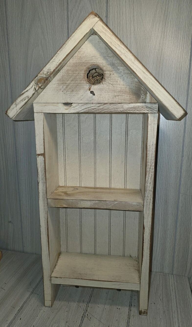 Vtg Wood Bird House Display Wall Shelf Hooks Farmhouse Shabby Chic Handmade